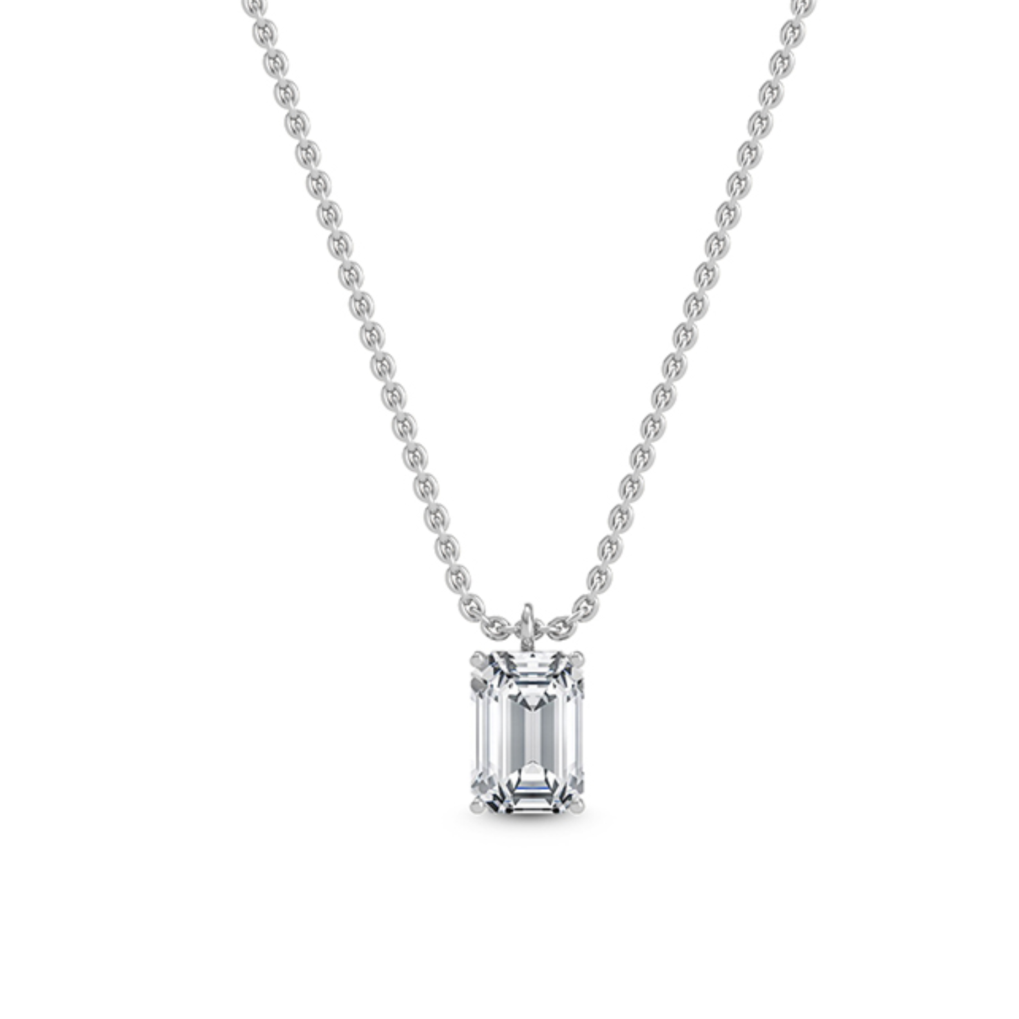 1.00 ct emerald‑cut diamond solitaire pendant in four‑prong basket on an 18 ct white gold chain