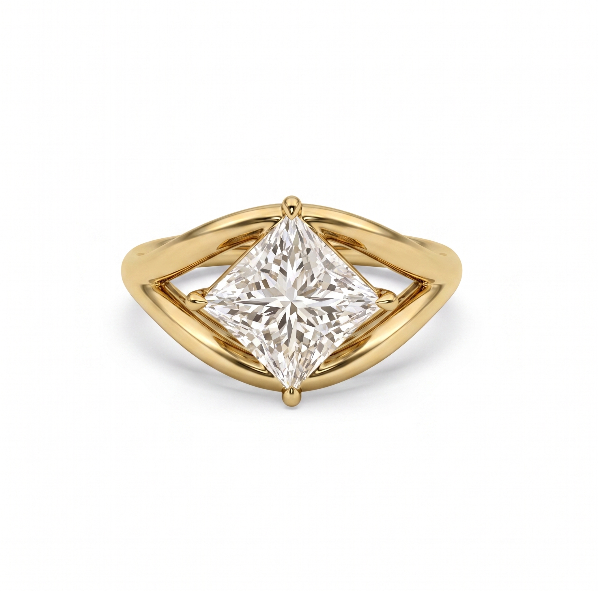 Gold ring with a princess-cut diamond on a white background