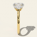 Side profile view of the MOHSTEN Sydney oval diamond trilogy engagement ring in 18ct yellow gold showcasing the high-polish comfort-fit band and the elegant three-stone setting architecture.