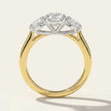 Through-finger view of the MOHSTEN Sydney oval diamond trilogy engagement ring highlighting the structural two-tone contrast between the 18ct yellow gold band and the platinum basket setting.