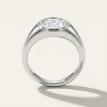 MOHSTEN Tova modern signet ring in platinum with east-west bezel set oval diamond.