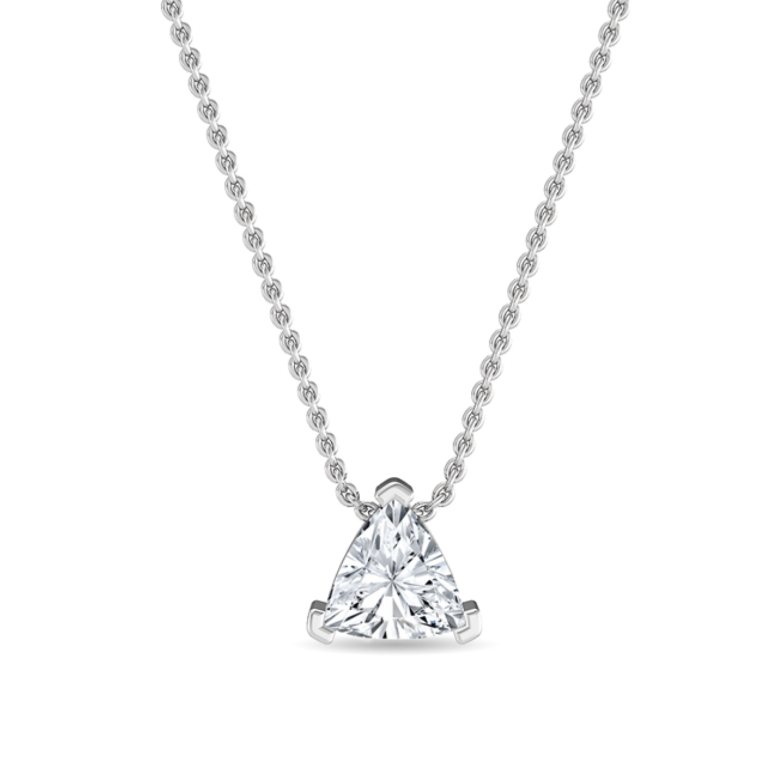 1.00 ct trillion-cut diamond necklace in three-claw setting on 18 ct white gold chain against white background